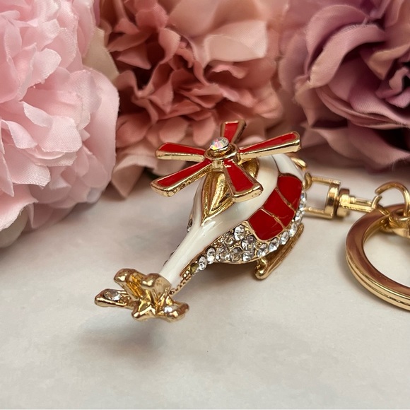 Whimsical Red and White Crystal Helicopter Keychain Charm - Picture 7 of 16